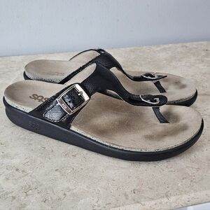 SAS Sanibel Sandals Sz 9 Black Snake Leather T Strap Slide Thong Shoes USA Made